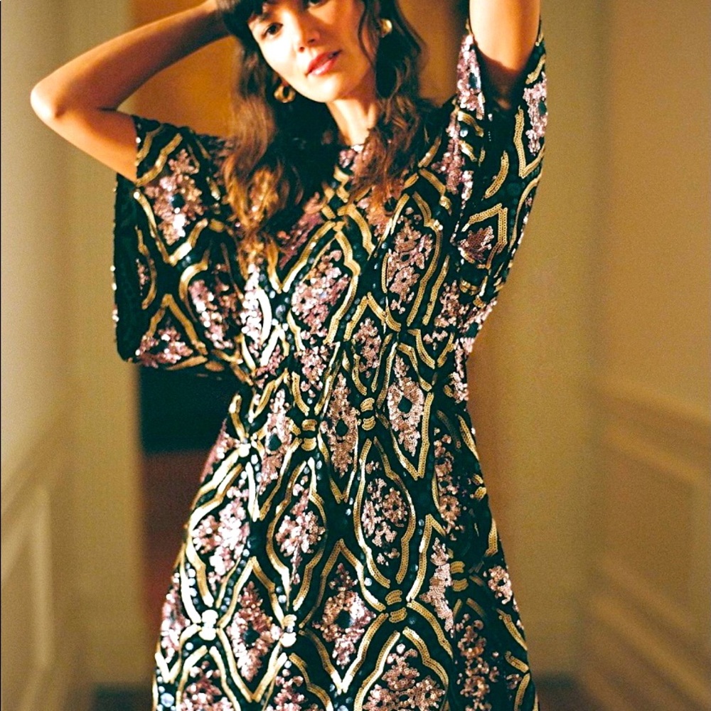 Anthropologie Black and Gold Mini Dress